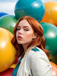 A curvy ginger haired woman with grey eyes and a surprised expression