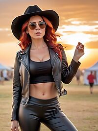 A stunning ginger haired woman dances at a music festival during sunset