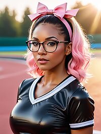 The woman 42 with ombre hair and glasses looks stunning in her black cheerleader uniform
